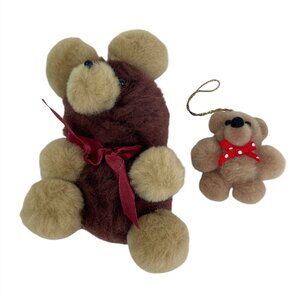 Vintage Plush Teddy Bear Ornaments Red Bows Hanging Loops Set Of 2